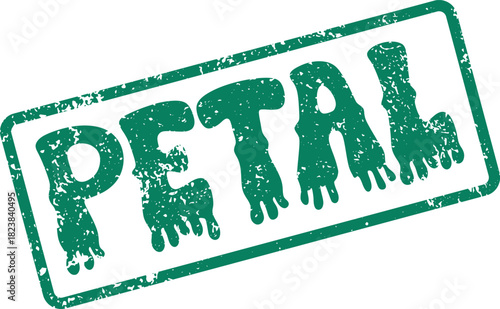 Vibrant green textured rubber stamp impression featuring the delicate word PETAL on a clean white surface