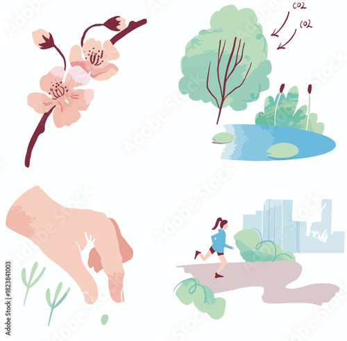 Green-living doodles, digital clipart featuring nature and people. 