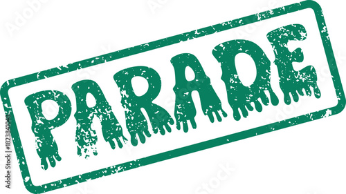 Festive green parade word stamp representing celebration, community events, and joyous public gatherings