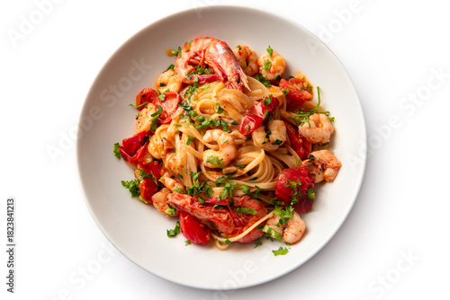 Linguine con gamberetti e pomodorini, pasta italiana 