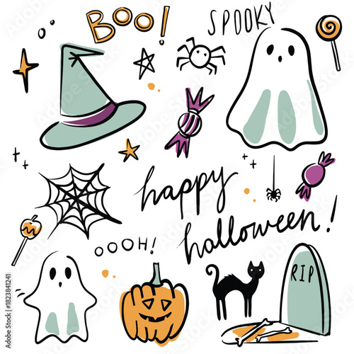 Happy halloween doodles, simple hand drawn spooky clip art. Cute halloween characters