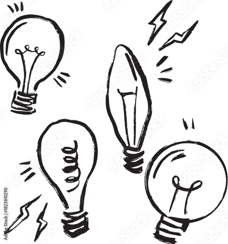 Light bulb doodles, hand drawn technology clipart. 
