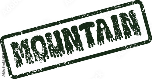 Robust green mountain word stamp expressing adventure, nature, and majestic outdoor landscapes