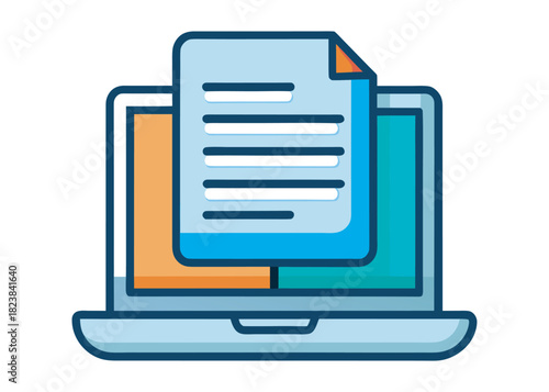online electronic document or paper sheet or journal on laptop computer, vector flat illustration logo creative icon on white background.