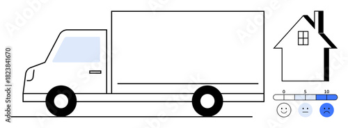 Clean layout of a moving truck, house with windows, and satisfaction scale. Ideal for relocation, logistics, customer feedback, service quality, transition, real estate simple flat metaphor