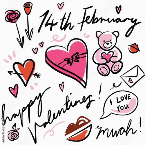 Cute, hand drawn Valentines day doodles. 14th February. 