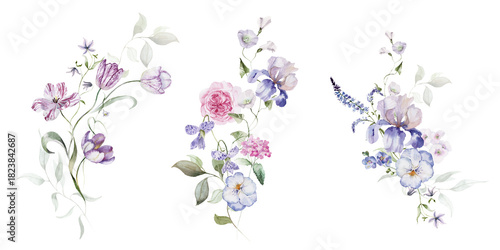 Watercolor floral bouquets clipart in vintage rustic style, colored purple pink violet garden illustration. Hand painting print - abstract flowers, leaves, plants. Design texture, textile, wallpaper.