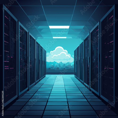 Digital Cloudscape A Server Room Portal to the Sky.