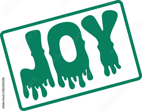 Vibrant green Joy word typography with dripping letters framed by a clean rectangular border