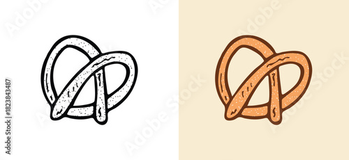 Detailed hand drawn sketch of a classic baked German pretzel. Includes a black and white outline and a colored version of the traditional dough snack that can be topped with salt or sugar. 