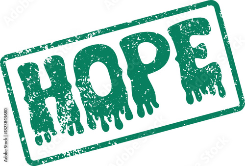 Authentic emerald green grunge rubber stamp effect for the word HOPE on a pristine white surface