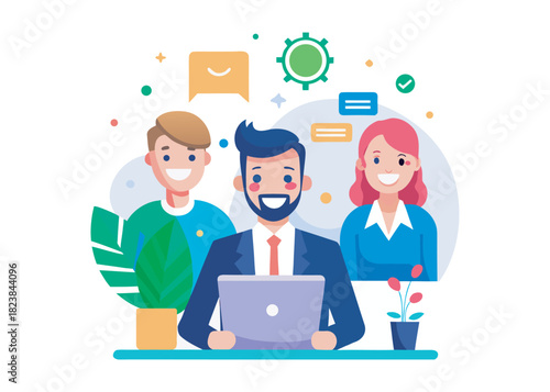 Business people employee in happy workspace minimal flat design on white background. logo creative icon on white background.