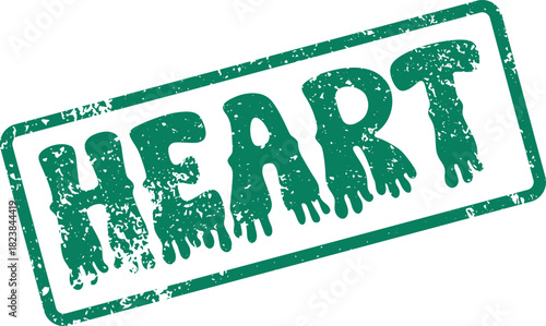 Vibrant Heart word green distressed rubber stamp impression for expressive graphic design
