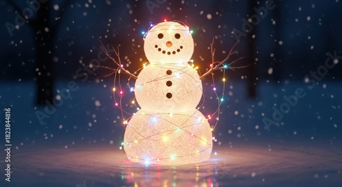 Glowing snowman decorated with colorful christmas lights in a snowy night