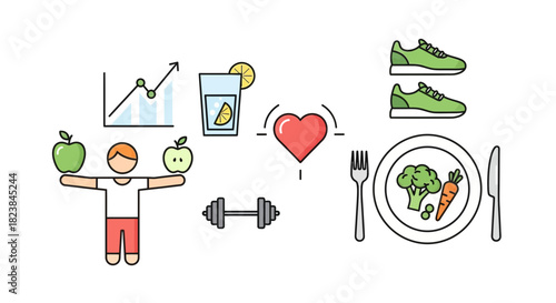 Healthy lifestyle icons promoting wellness and fitness through balanced diet, regular exercise, and positive health trends, showing commitment to wellbeing