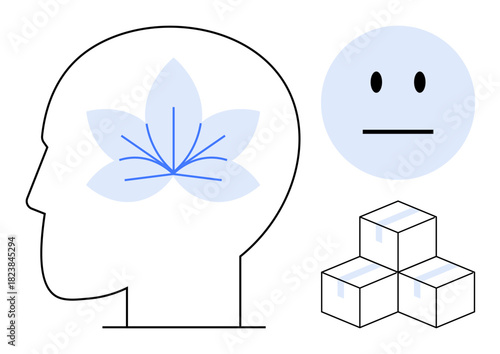 Side profile of head with blue lotus symbol for focus, calm face for emotion, stacked boxes for organization. Ideal for mindfulness, mental health, balance, clarity, creativity, simplicity emotional