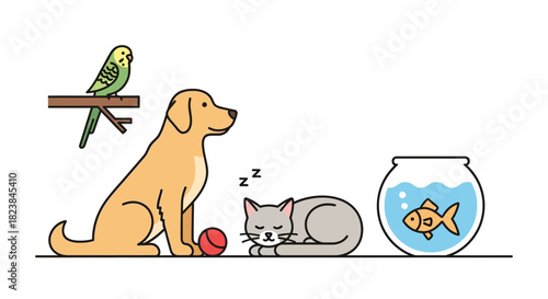 Charming pets illustration featuring a golden retriever, sleeping cat, parakeet, and goldfish in a bowl creating a delightful, heartwarming scene