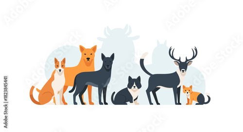 Adorable gathering of a stylized deer with antlers, playful dogs, and a cute cat creates a heartwarming animal illustration for children's books