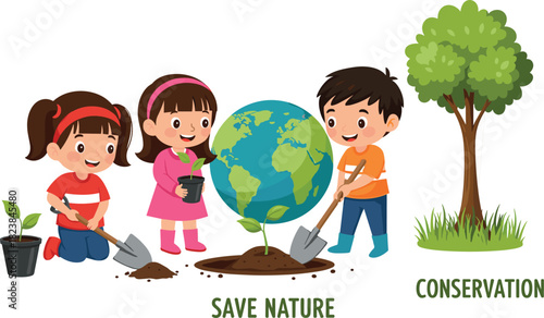 Children planting trees around globe, save nature message, conservation theme, environmental protection, green foliage, educational illustration, eco-friendly activity
