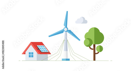 Sustainable living with a modern home powered by wind and solar energy, a vision of green technology and a clean, eco friendly future for families