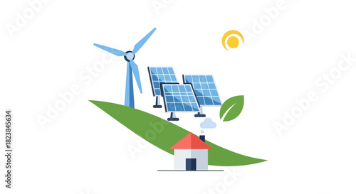 Sustainable living with wind turbine and solar panels powers cozy home, promoting eco friendly future, clean energy solutions for a greener planet