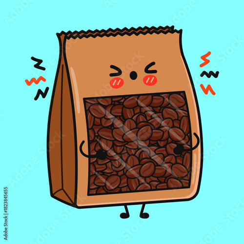 Angry coffee bean bag character expressing stress