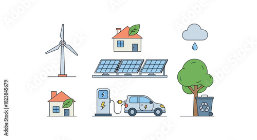 Sustainable living with renewable energy: Eco-friendly homes, electric car charging, wind turbines, and recycling for a greener future, scalable vector graphic