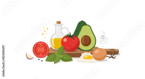 Fresh ingredients for a healthy and delicious breakfast with avocado, tomatoes, basil, garlic, olive oil and egg for a vibrant start to your day