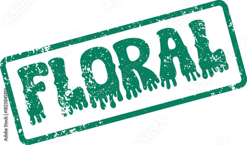 Green distressed rubber stamp impression featuring the bold word FLORAL for botanical applications