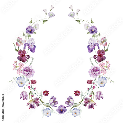 Watercolor floral wreath clipart in vintage rustic style, colored purple pink violet garden illustration. Hand painting print - abstract flowers, leaves, plants. Design texture for textile, wallpaper.