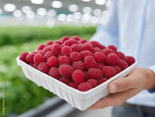 Fresh raspberries in a white container held by a person, showcasing vibrant colors and textures in a grocery store setting, emphasizing healthy eating and natural produce