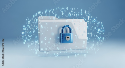 Data privacy symbolized by locked folder, securing personal data, information security. Data privacy emphasized through padlock on file folder surrounded by digital numbers,