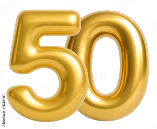 3D gold balloon number 50, shiny metallic design for birthday or anniversary celebration