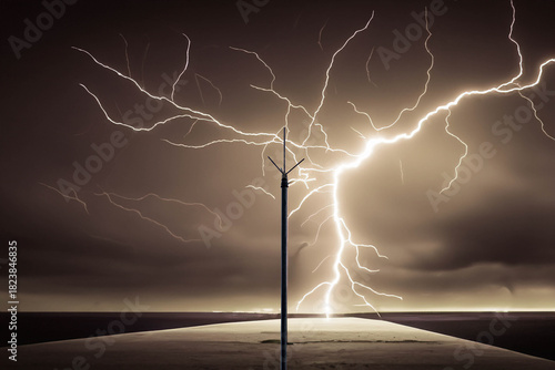 Dramatic Lightning Strike on a Stormy Night with a Lightning Rod