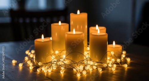 Warm glow of lit candles and string lights creating a cozy atmosphere