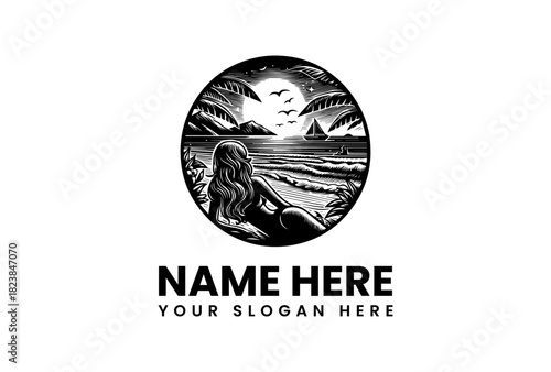 Vintage tropical beach scene vector logo illustration with a relaxing woman under moonlight