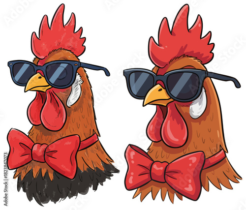Stylish chicken  portrait in sunglasses and bow tie. Cool label rooster head, hipster chicken graphic. Funny gentleman cock, fashionable rooster bust