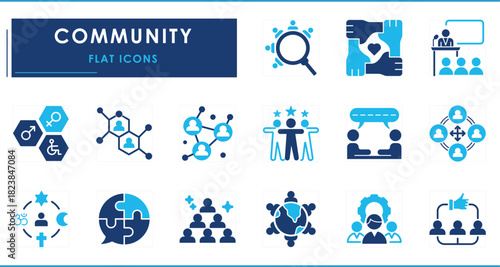 A set of flat icons related to Community. People, diversity, respect, problem and solution, helpful, disables, linkage, leadership, religions, and so on.