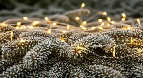 Frosted evergreen branches illuminated by warm string lights, winter holiday