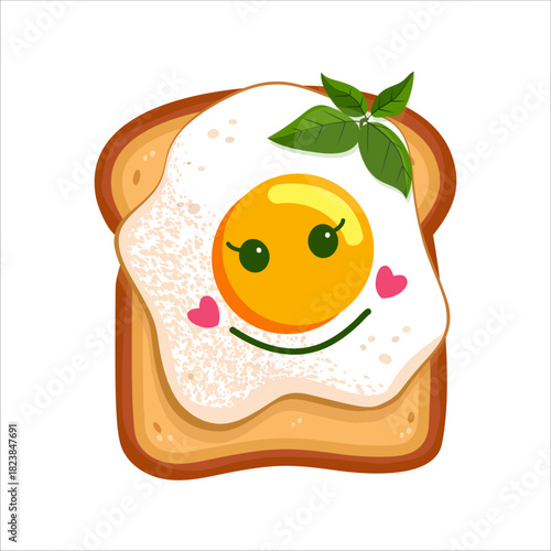 Cute sandwich with love, fried egg and smile, basil leaves. Flat vector illustration of healthy and funny breakfast.
