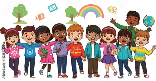 Happy children with school items, books, globe, microphone, paint palette, rainbow, learning scene, colorful classroom illustration