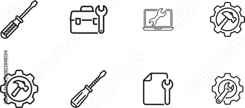 Set of repair and maintenance tools icons in line art style