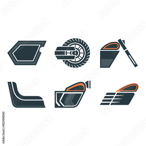 Stylized vector illustrations of automotive parts and components
