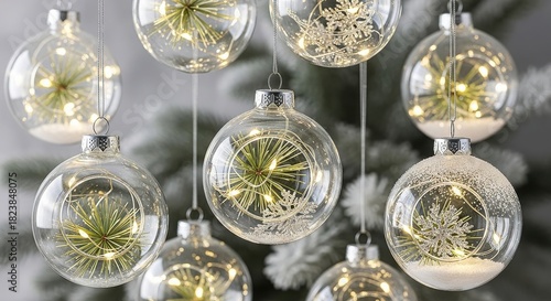 Closeup of clear glass christmas ornaments with lights on a festive tree