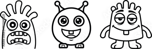 Hand drawn cartoon monsters in black and white line art