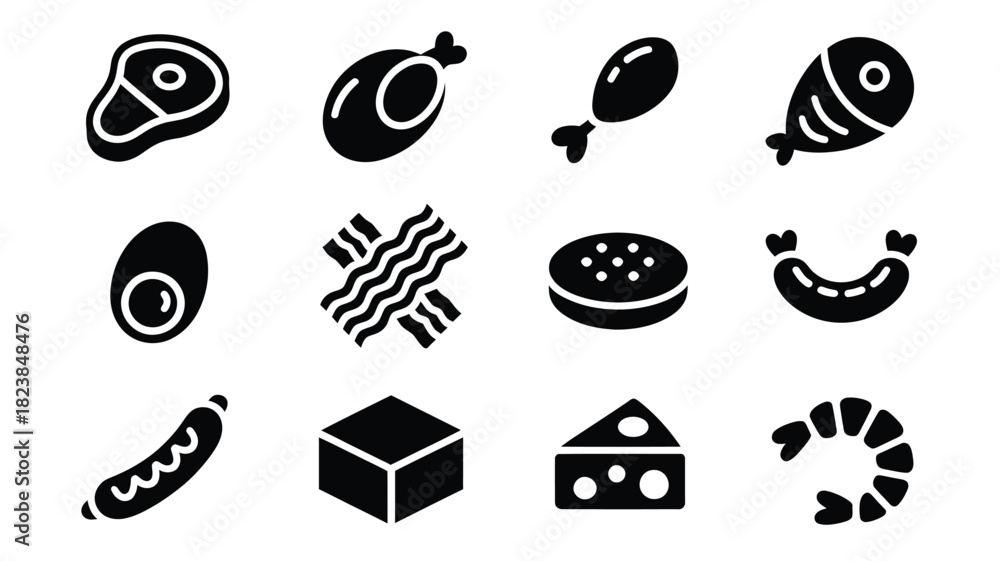Obraz premium Set of food icons black glyph vector design simple illustration for menu or cooking app isolated on white background