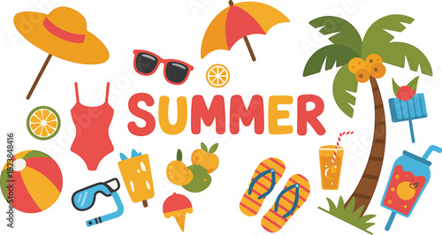 Colorful vector set of summer-themed beach items including palm trees, drinks, fruits, swimsuit, flip-flops, umbrella, and sunglasses.
Bright flat summer beach icons and elements
