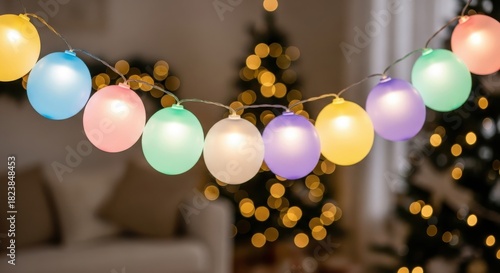 Colorful globe string lights illuminating a festive holiday scene indoors