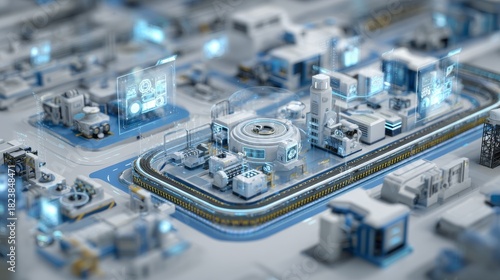 A futuristic factory scene. Miniature buildings and infrastructure are interconnected, with digital interfaces and glowing elements. A conveyor system moves parts