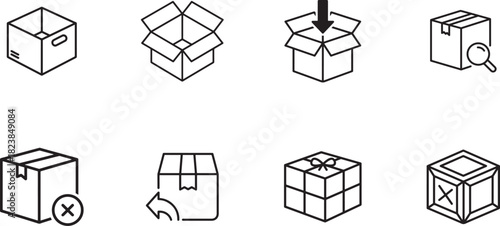 Set of line icons for packaging, delivery, and shipping boxes isolated on